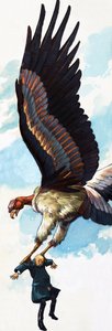 Unidentified Folk Tale Illustration of Man Being Carried by Giant Bird
