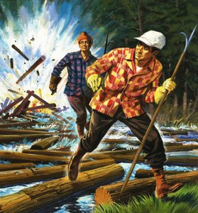 Unidentified lumberjacks escaping explosion amongst logs