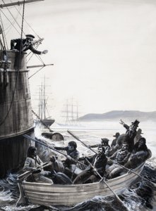 Unidentified Sailors (Mutineers) in Rowing Boat with Captain Shaking Fist by English School