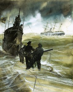 Unidentified soldiers on the deck of a submarine with boat on horizon