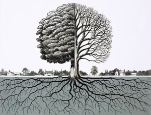 Unidentified Tree, Showing Half Without Leaves and Root System