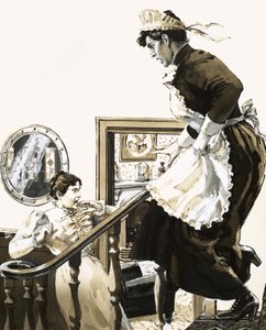 Unidentified woman screaming with maid coming down stairs in foreground