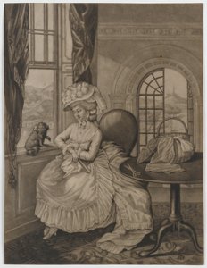 Untitled (woman sitting at a window regarding a small dog), c.1780