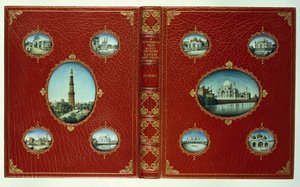 Upper and lower covers, ten oval miniatures of Mosques, with gilt borders by English School