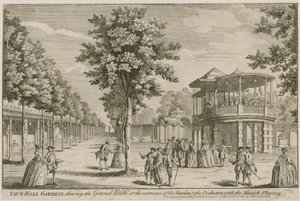 Vauxhall Gardens, London, showing the Grand Walk at the entrance and The Orchestra with music playing by English School