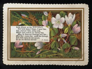 Verse by F Davis and flowers, birthday greetings card by English School