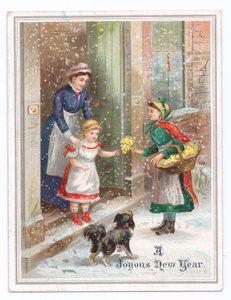 Victorian New Year Card of a Maid Holding on to a Little Girl as She Buys Flowers from a Flower Seller in the Falling Snow, c.1880 by English School