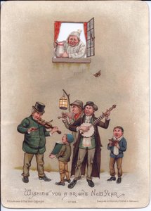 Victorian New Year Card of a Man in a Nightgown Preparing to Pour a Jug of Water on Some Street Musicians Below, c.1880 by English School