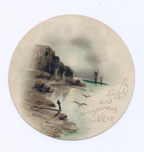 Victorian Circular New Year Card of a Seascape with Two Yachts on a Moonlit Night, c.1880