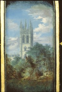 Victorian Sewing Cabinet Panel Decorated with a Scene of Magdalen College, Oxford