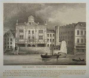 View of the Dukes Theatre, Dorset Gardens, from the River Thames
