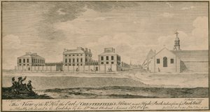 View of the Right Hon the Earl of Chesterfields house near Hyde Park, taken from the Park Wall by English School