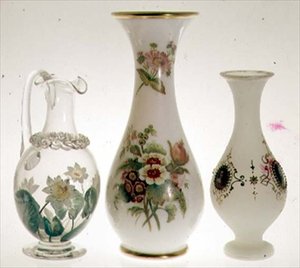 Water jug, decorated with water-lilies in ceramic paint cased with crystal, by Henry G. Richardson, mid 19th century; two opal glass vases by Henry G. Richardson, late 19th century; opal glass vase with enamel painting, late 19th century by English School