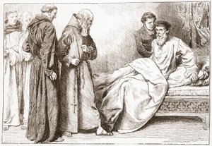 Wicliffe and the monks: scene in the bed-chamber, illustration from The History of Protestantism by James Aitken Wylie, 1878 by English School