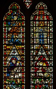 Window Ww depicting the Ascension; also God at the Coronation of the Virgin by English School