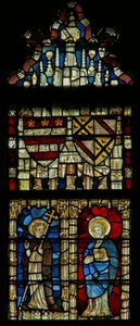 Window depicting two saints and heraldic shields by English School