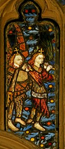 Window depicting musician angels with pipes by English School