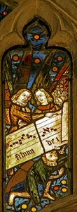 Window depicting the angelic choir with musical score by English School