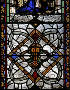 Window n4 depicting grisaille & St Peter emblem by English School