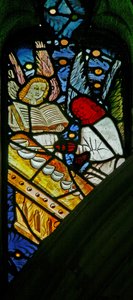 Window depicting musician angels with a glockenspiel by English School