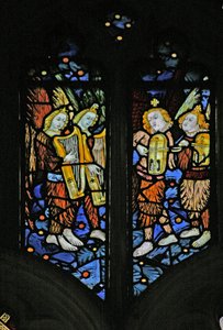 Window depicting musician angels with harps and crwth (Welsh fiddle) by English School