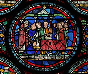 Window 6 depicting a scene from a St Thomas Becket Miracle window: Gilbert de Brun funeral by English School