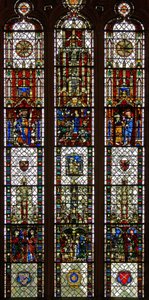Window w31 depicting a composite window with St Edmund, St William, St George, Annunciation, Adoration of the Magi by English School