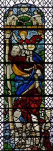 Window w36 depicting St Christopher - a hybrid figure of French C16 and English C15 glass assembled in 1956
