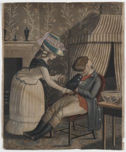 Woman stealing a stocking purse and pocket watch from a sleeping man, c.1790