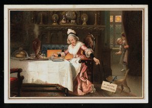 Woman taking tea with her cat, Christmas greetings card