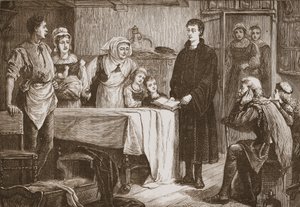 Young Calvin Expounding the Bible to a Family at Bourges by English School
