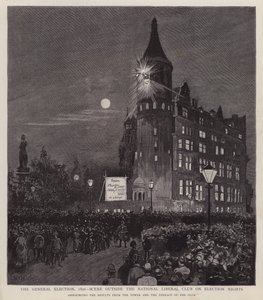 Announcement of the results of the 1892 General Election from the Liberal Club, Westminster, London by Enoch Ward