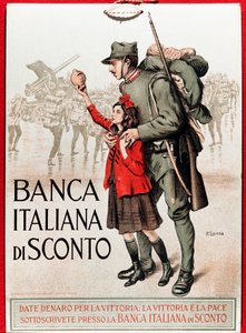 First World War: Italian poster encouraging a national loan representing a soldier with a little girl offering his lira. Illustration by Enrico della Leonessa (Lioness) (1875-1921) by Enrico della Lionne