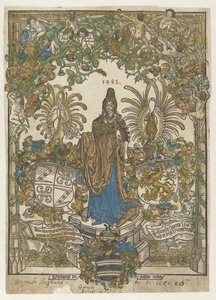 Frontispiece with Woman on Pedestal with Arms of Bernhard von Breydenbach and Johannes Comes in Frame by Erhard Reuwich