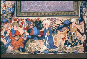 Musical scene in garden with lute-type instrument