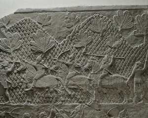 The Assyrian army of King Ashurbanipal in battle during the campaign against Elam