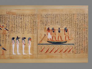 The sun boat defeats the serpent Apophis