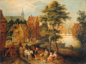 Flemish Village with a River and Carts on the Road