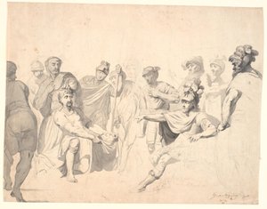 A Warrior Displays a Severed Head to a General, While Other Warriors Look On
