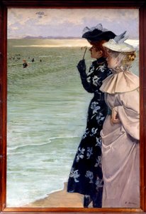 Belle Epoque: Bath time by the sea. Two women on the shore examining the bathers with binoculars