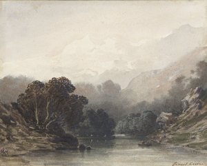 Mountain Lake in the Shadow of Dark Trees, with Light Hills and Snow Peaks Behind