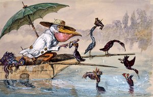 Cormorants presenting fish to a pelican in a punt under an umbrella by Ernest Henry Griset