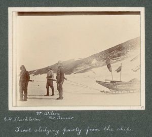 E H Shackleton, Dr Edward Wilson and Mr Hartley Ferrar in harness to the sledge. From album by Sir Ernest Henry Shackleton entitled National Antarctic Expedition (1901-1903) by Ernest Henry Shackleton