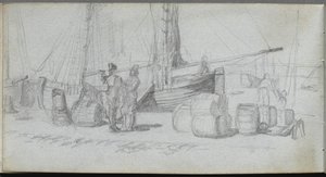 Sketchbook, page 50: Boats, Figures, Cargo on a Beach by Ernest Meissonier