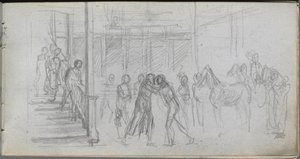 Sketchbook, page 62: Figure Study, Stairway, Horse by Jean Louis Ernest Meissonier
