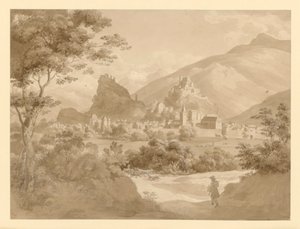 View of a Small Fortified Town and Two Castles in Mountain Landscape, with a Painter in the Foreground by Ernst Fries