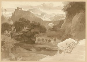 Rocky Mountain Landscape with Viaduct. Scene from the Sabine Mountains by Ernst Fries