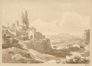 Landscape in the Alban Hills, on the Hill to the Left a Gate and a Church by Ernst Fries