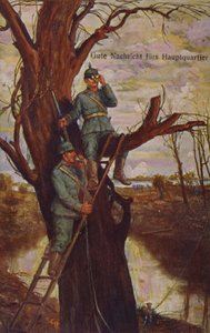 Good News for Headquarters, German soldiers observing the battlefield and reporting to Headquarters via a field telephone, World War I, 1915