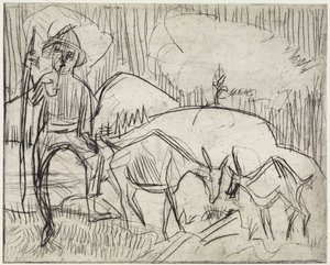 Shepherd with Goats / Hillside with People and Goats by Ernst Ludwig Kirchner